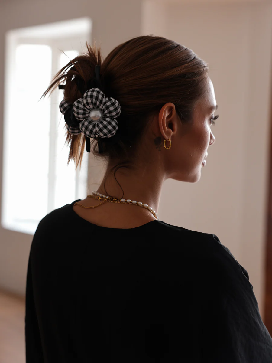 Pearl Floral Black Plaid Haarklammer - Image 2